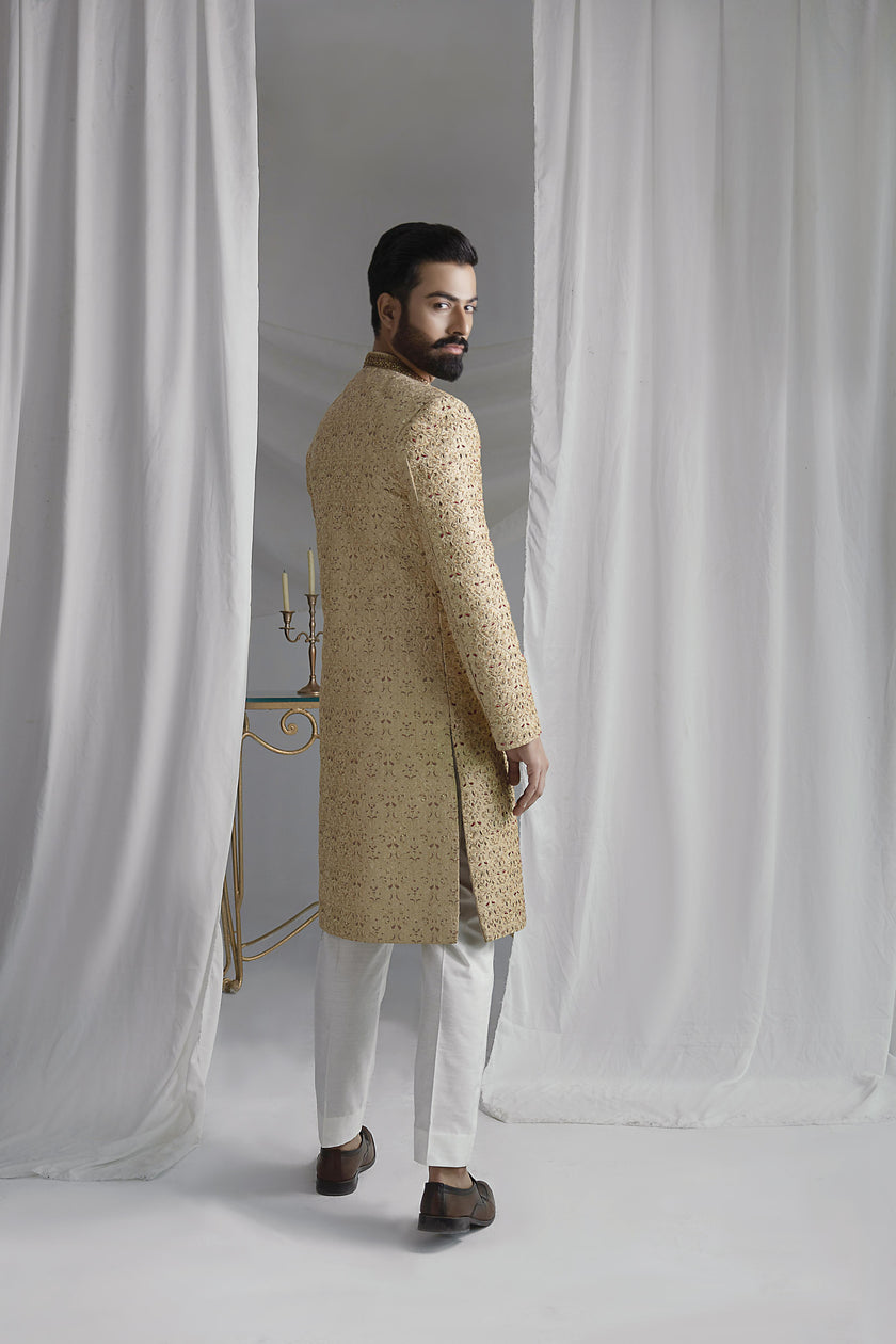 Collar Detail Gold Sherwani