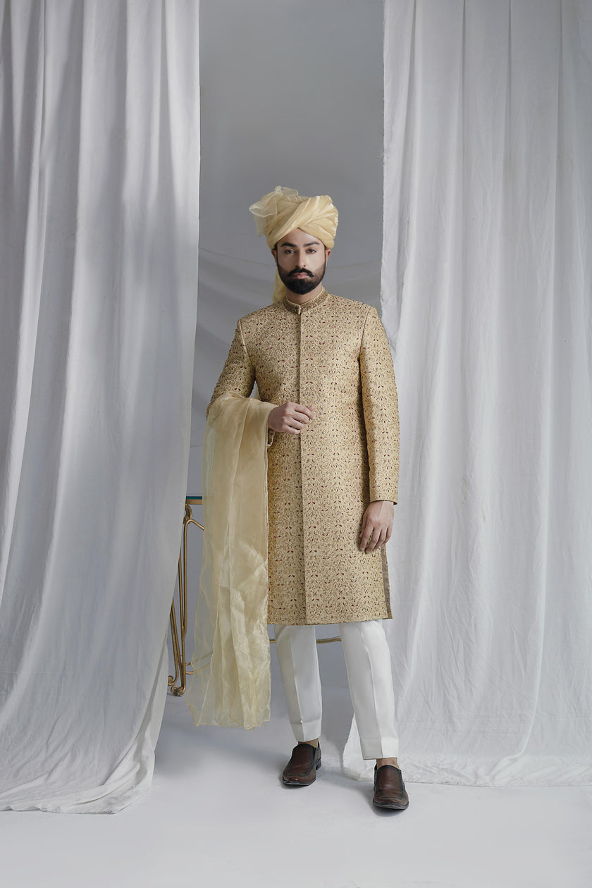 Collar Detail Gold Sherwani