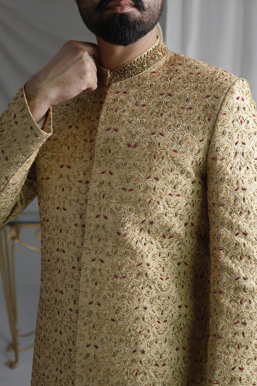Collar Detail Gold Sherwani