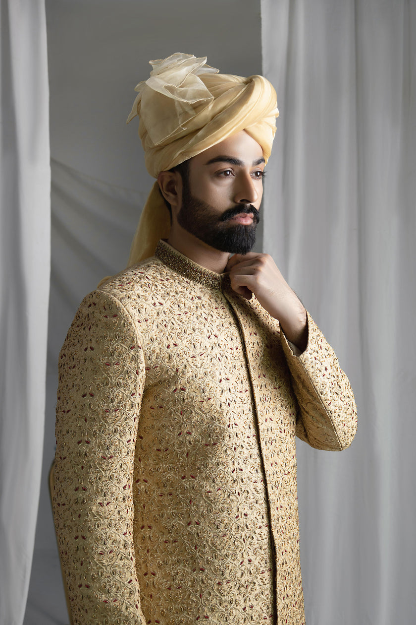 Collar Detail Gold Sherwani