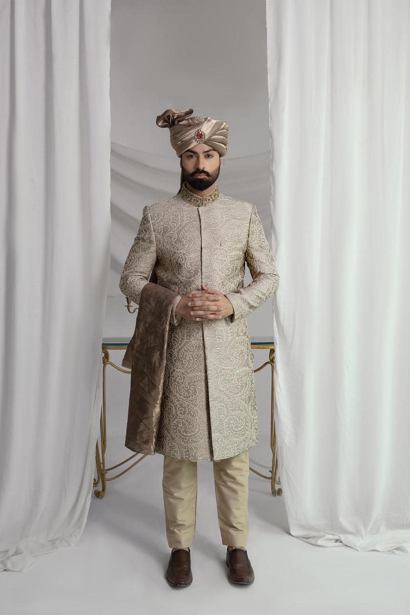 Light Brown Collar Detail Sherwani