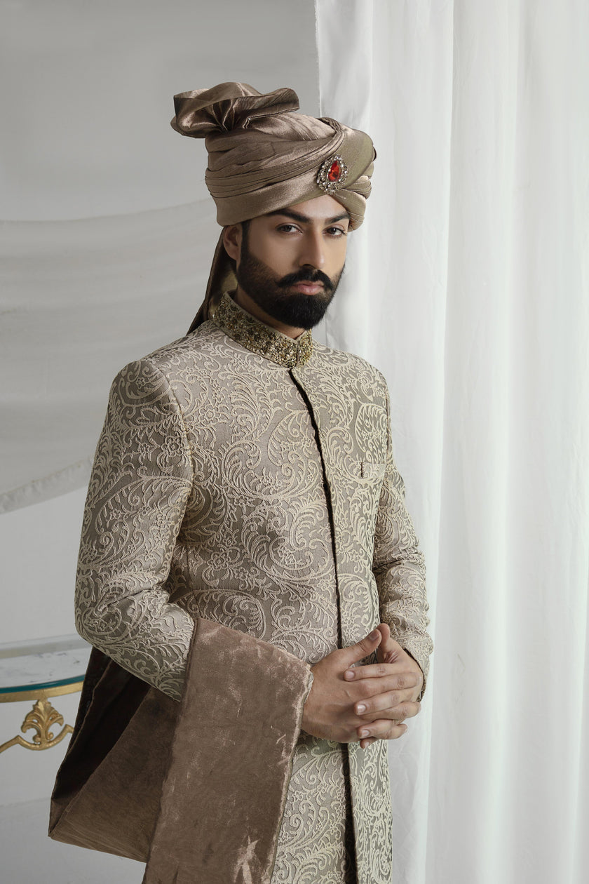 Light Brown Collar Detail Sherwani