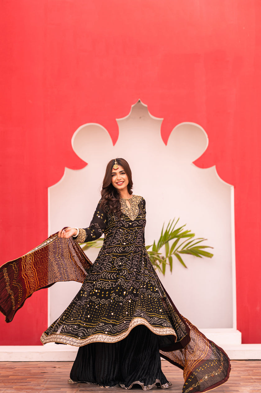 Red and Black A-Line Shalwar Kameez