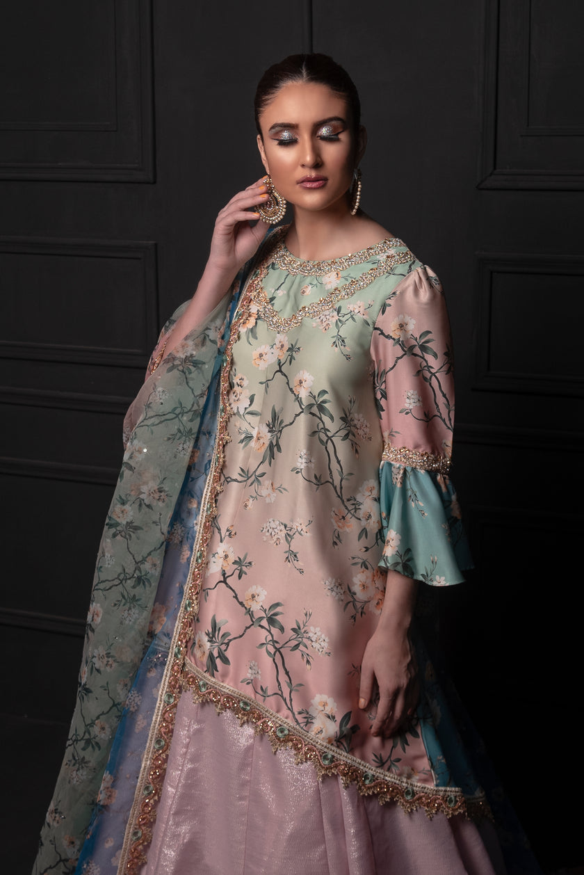 Screen Print Floral Ghagra Suit