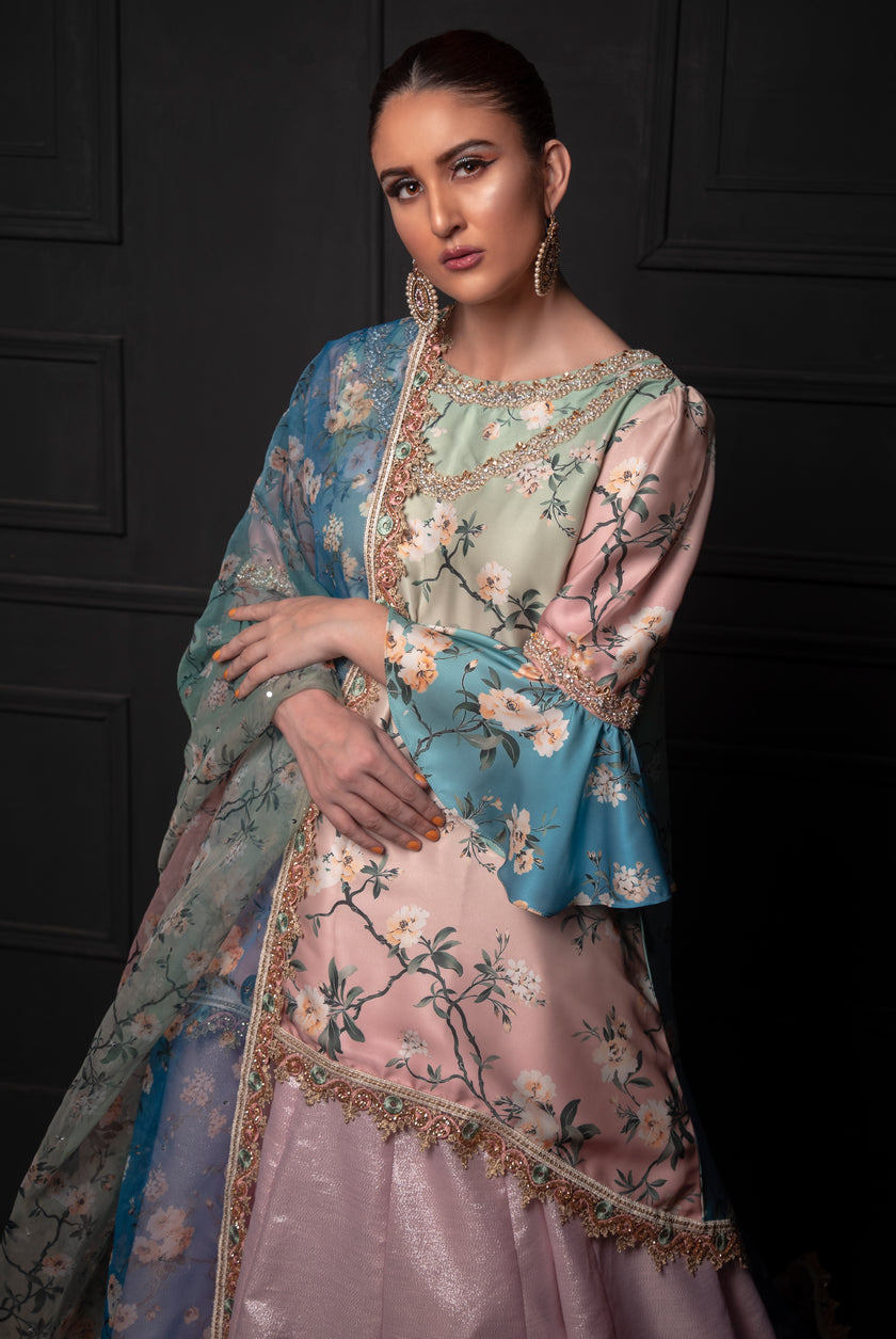 Screen Print Floral Ghagra Suit