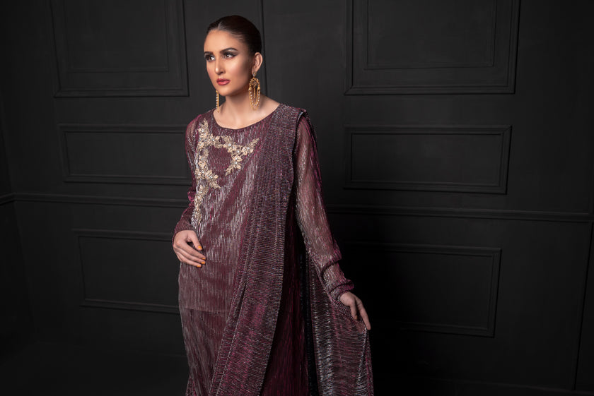Plum Saree Style Long Suit