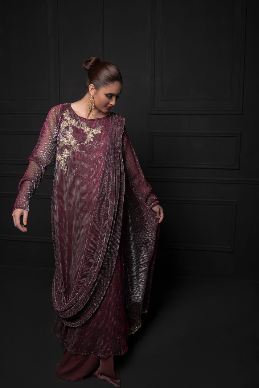 Plum Saree Style Long Suit