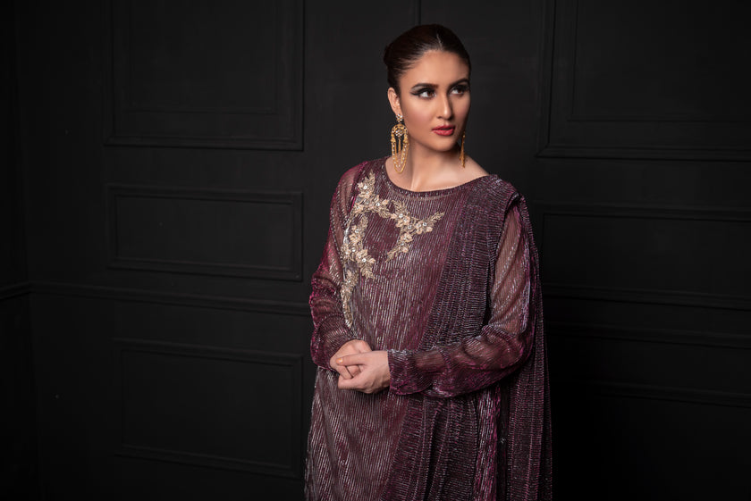 Plum Saree Style Long Suit