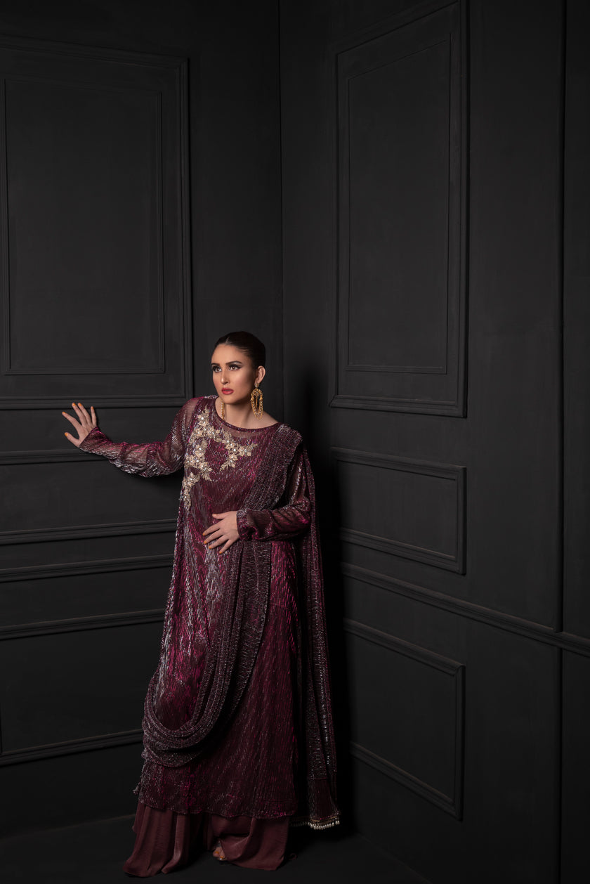 Plum Saree Style Long Suit